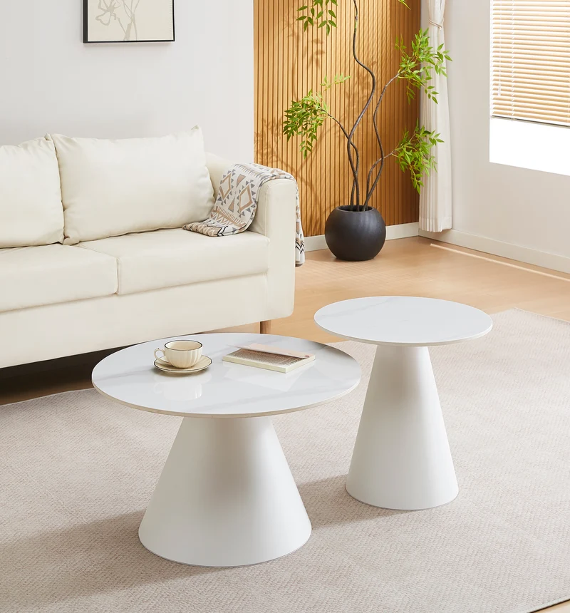 Blonco runde Couchtisch-Sets 50 und 70 cm weiß mit Steinplatte und Metallgestell