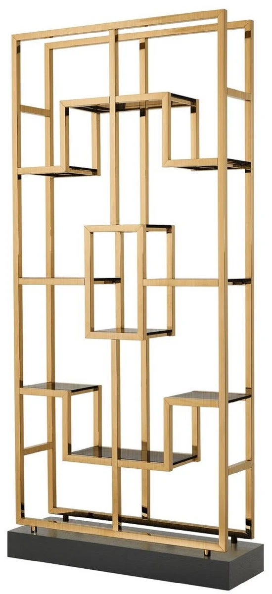 Casa Padrino Luxus Regalschrank Messing / Schwarz 108 x 29 x H. 240 cm - Edelstahl Wohnzimmerschrank mit 10 Glasregalen - Luxus Wohnzimmer Möbel