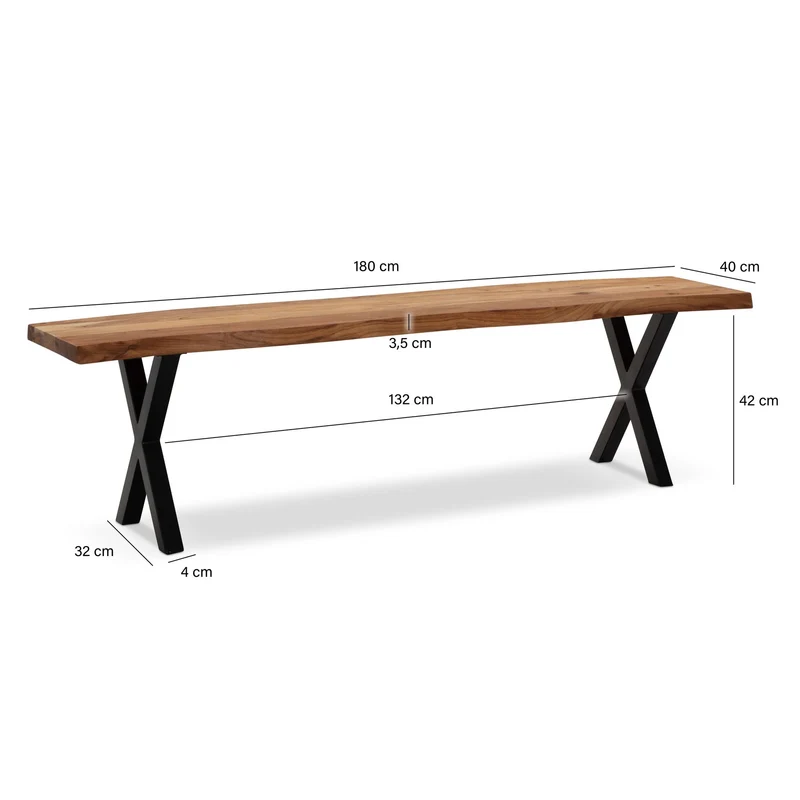 Esszimmerbank 180cm Akazie Massivholz Metall Baumkante X-Beine Modern
