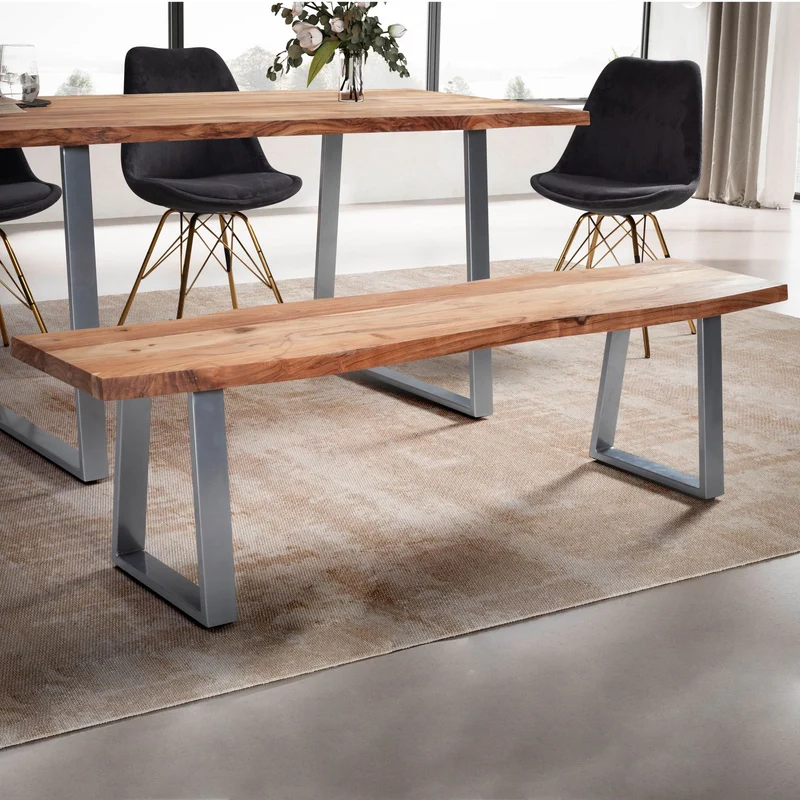 Esszimmerbank 180x40 Akazie Massivholz Metall Baumkante Modern