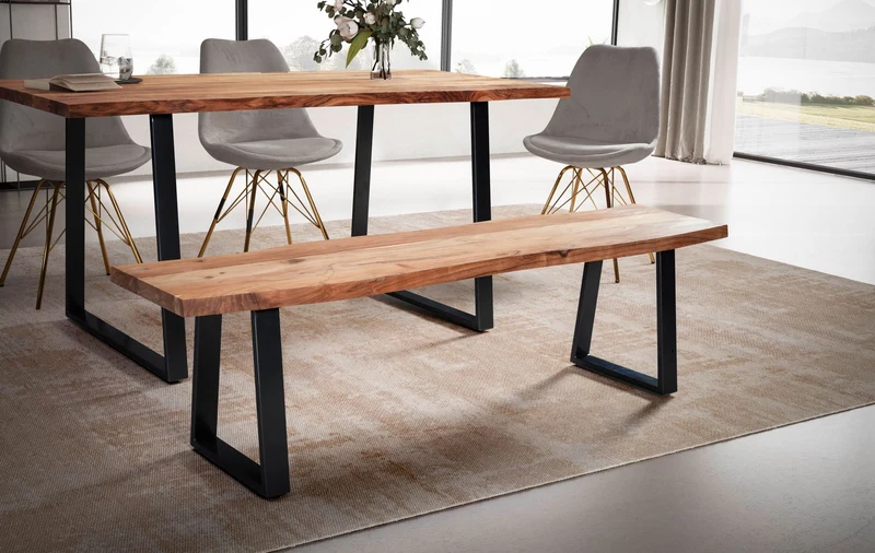 Esszimmerbank 180cm Akazie Massivholz Metall Baumkante Modern