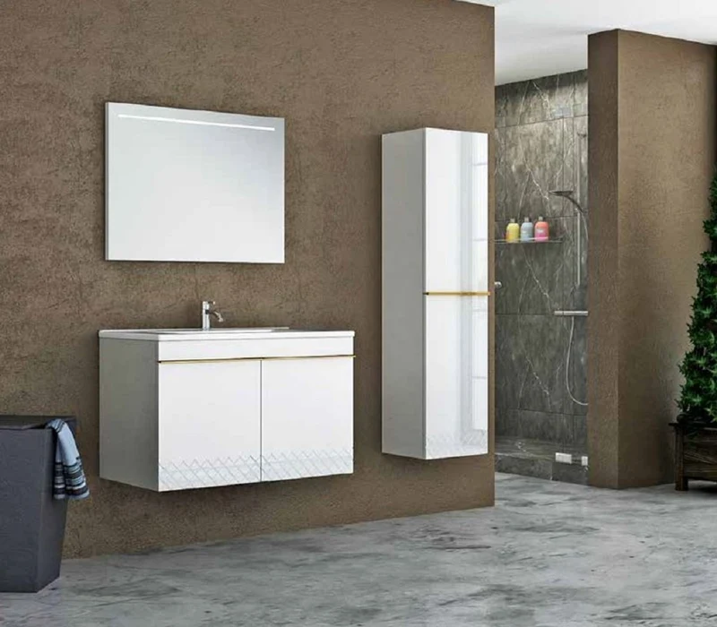 Casa Padrino Luxus Badezimmer Set Weiß / Gold - 1 Waschtisch und 1 Waschbecken und 1 LED Wandspiegel und 1 Hängeschrank - Luxus Kollektion