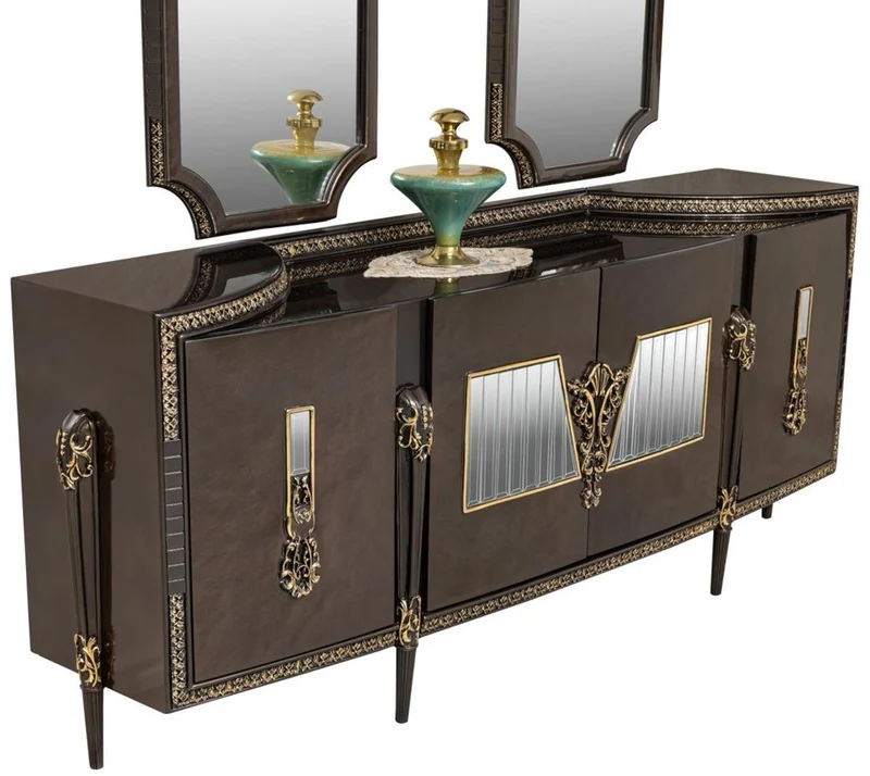 Casa Padrino Luxus Barock Sideboard und 2 Spiegel Dunkelbraun / Gold - Barock Möbel