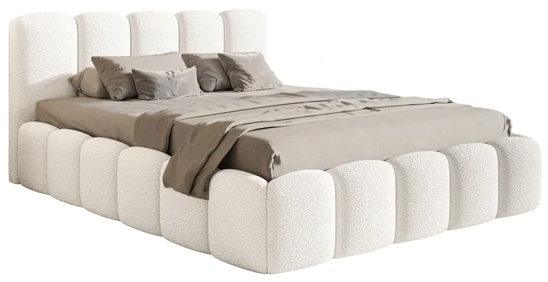 Gepolstertes Bett 140x200 cm Cloudy II mit Stauraum, cremefarbenes Bouclé, Metallrahmen