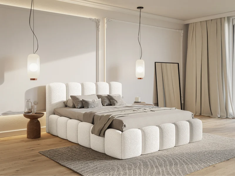 Gepolstertes Bett 140x200 cm Cloudy II mit Stauraum, cremefarbenes Bouclé, Metallrahmen