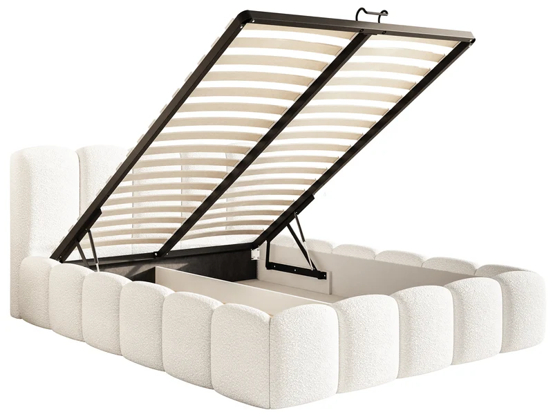 Gepolstertes Bett 140x200 cm Cloudy II mit Stauraum, cremefarbenes Bouclé, Metallrahmen