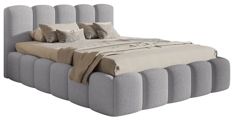 Gepolstertes Bett 140x200 cm Cloudy II mit Stauraum, cremefarbenes Bouclé, Metallrahmen