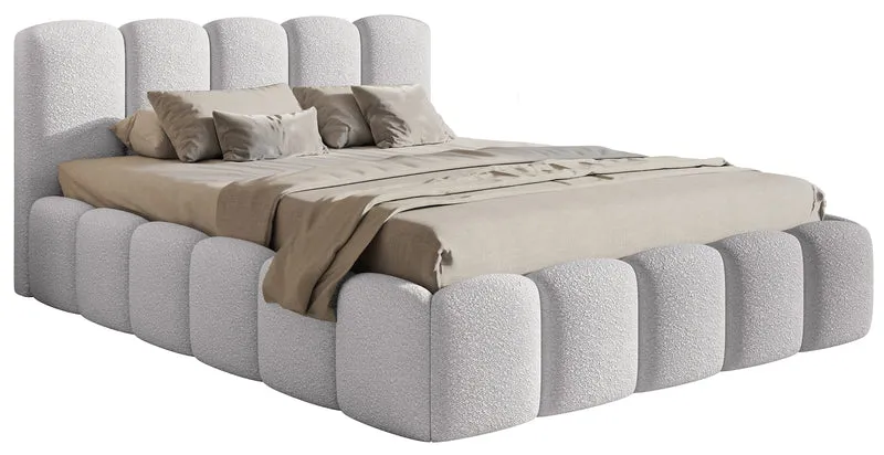 Gepolstertes Bett 160x200 cm Cloudy II mit Stauraum, hellgrauer Bouclé-Stoff, Metallrahmen