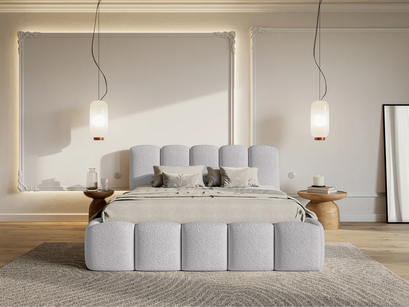 Gepolstertes Bett 160x200 cm Cloudy II mit Stauraum, hellgrauer Bouclé-Stoff, Metallrahmen