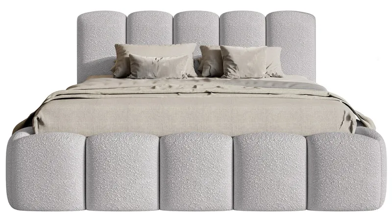 Gepolstertes Bett 160x200 cm Cloudy II mit Stauraum, hellgrauer Bouclé-Stoff, Metallrahmen