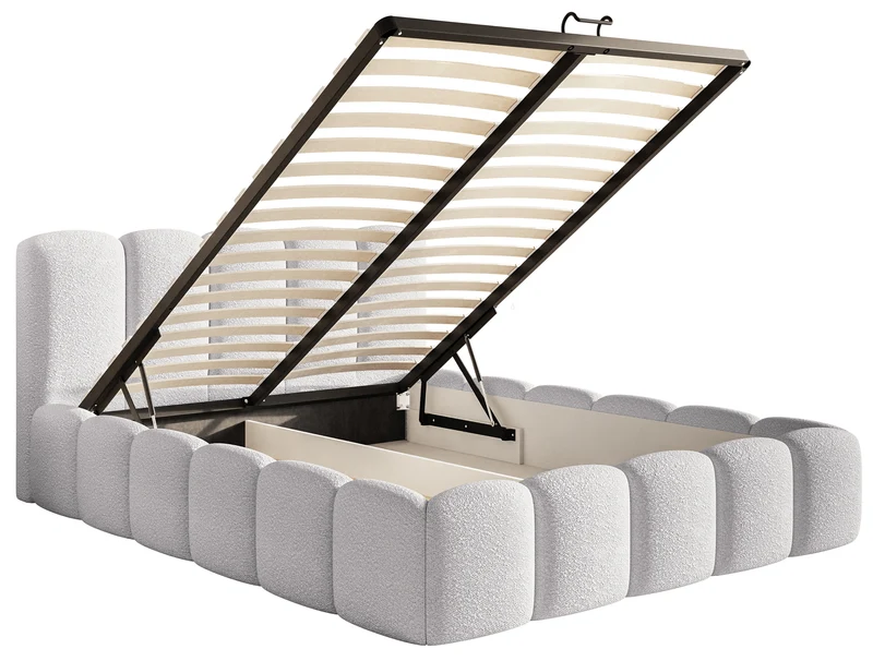 Gepolstertes Bett 160x200 cm Cloudy II mit Stauraum, hellgrauer Bouclé-Stoff, Metallrahmen