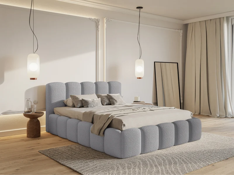 Gepolstertes Bett 180x200 cm Cloudy II mit Stauraum, grauer Bouclé, Metallrahmen