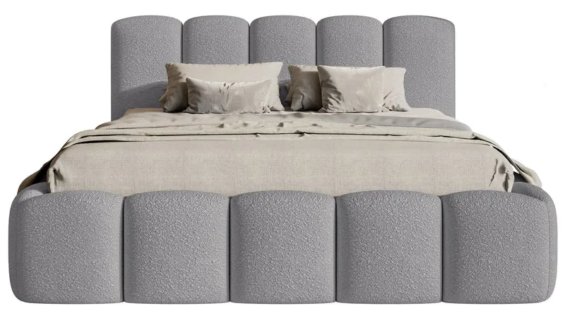 Gepolstertes Bett 180x200 cm Cloudy II mit Stauraum, grauer Bouclé, Metallrahmen