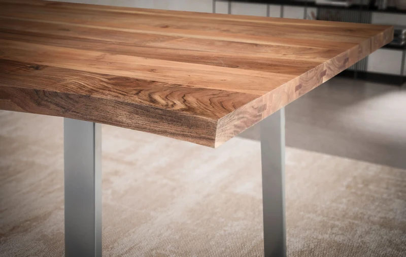 Esstisch Akazie Massivholz 180x90cm Baumkante Trapezbeine Chrom
