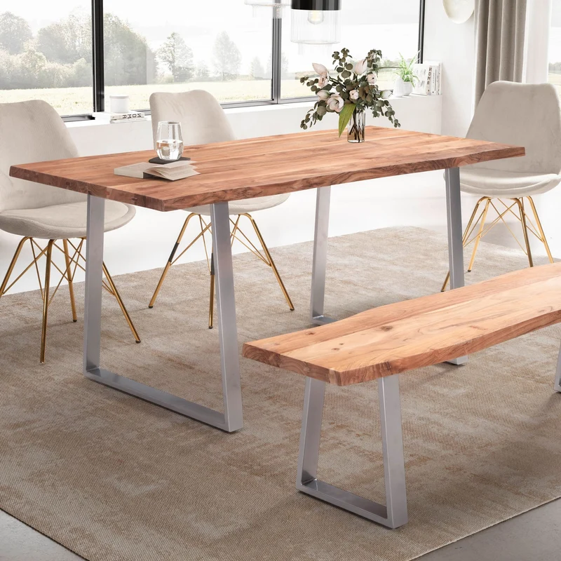 Esstisch Akazie Massivholz 120x60x76cm Baumkante Trapezbeine Chrom