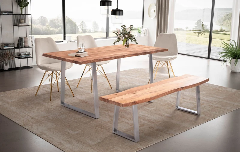 Esstisch 140x80 Akazie Massivholz Baumkante Trapezbeine Chrom