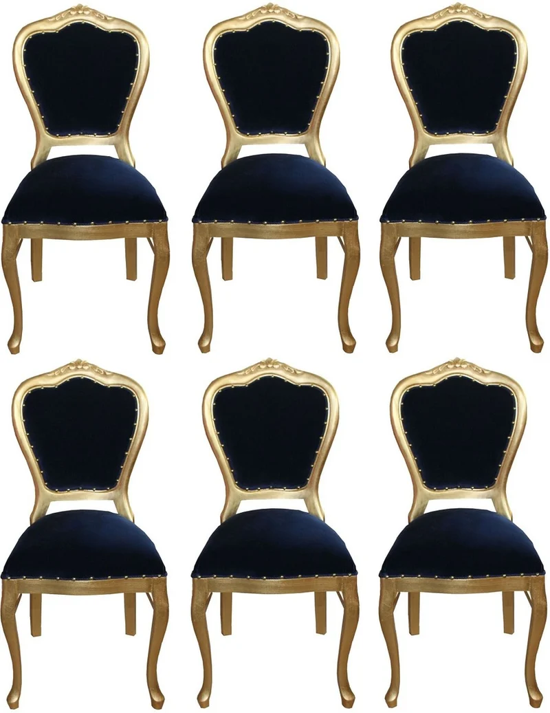 Casa Padrino Luxus Barock Esszimmer Set Royalblau / Gold 45 x 46 x H. 99 cm - 6 handgefertigte Esszimmerstühle - Barock Esszimmermöbel