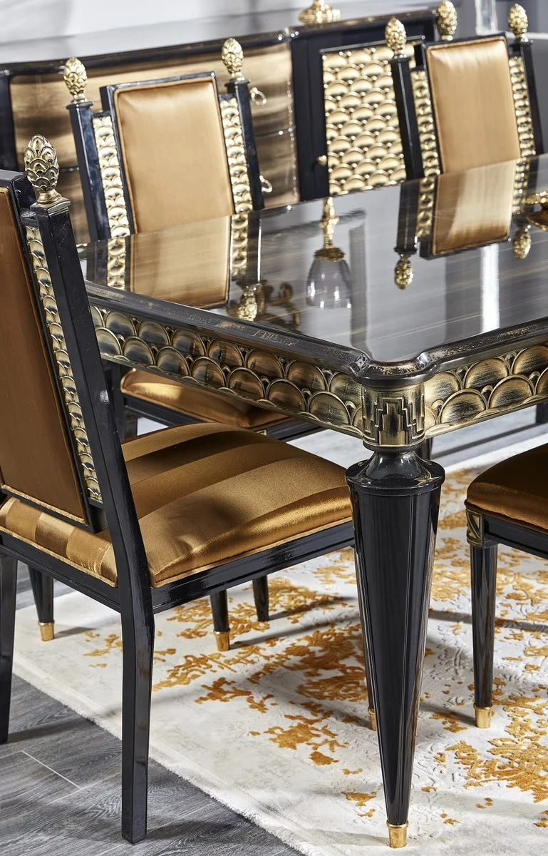 Casa Padrino Luxus Barock Esszimmer Set Gold / Schwarz - 1 Esstisch und 6 Esszimmerstühle - Esszimmermöbel im Barockstil