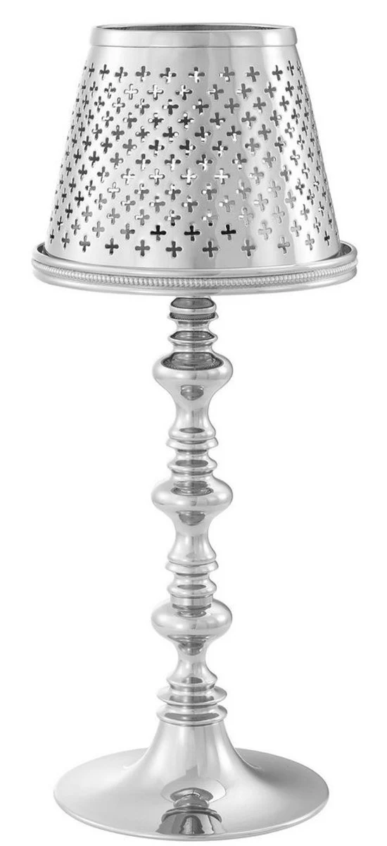 Casa Padrino Luxus Messing Teelichthalter mit Lampenschirm Silber Ø 16 x H. 39 cm - Deko Accessoires