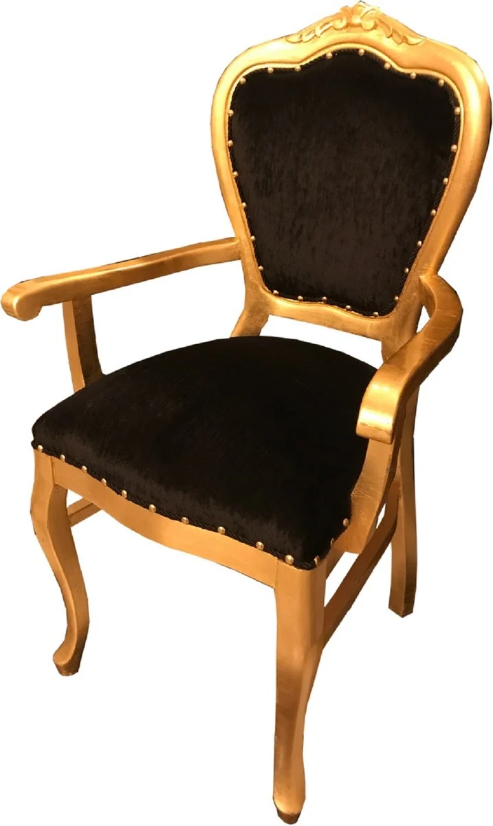 Casa Padrino Luxus Barock Esszimmer Set Schwarz / Gold 60 x 47 x H. 99 cm - 4 handgefertigte Esszimmerstühle mit Armlehnen - Barock Esszimmermöbel