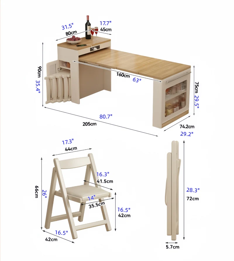 Ausziehbarer Kücheninseltisch aus Massivholz mit 4 Stühlen (Set)