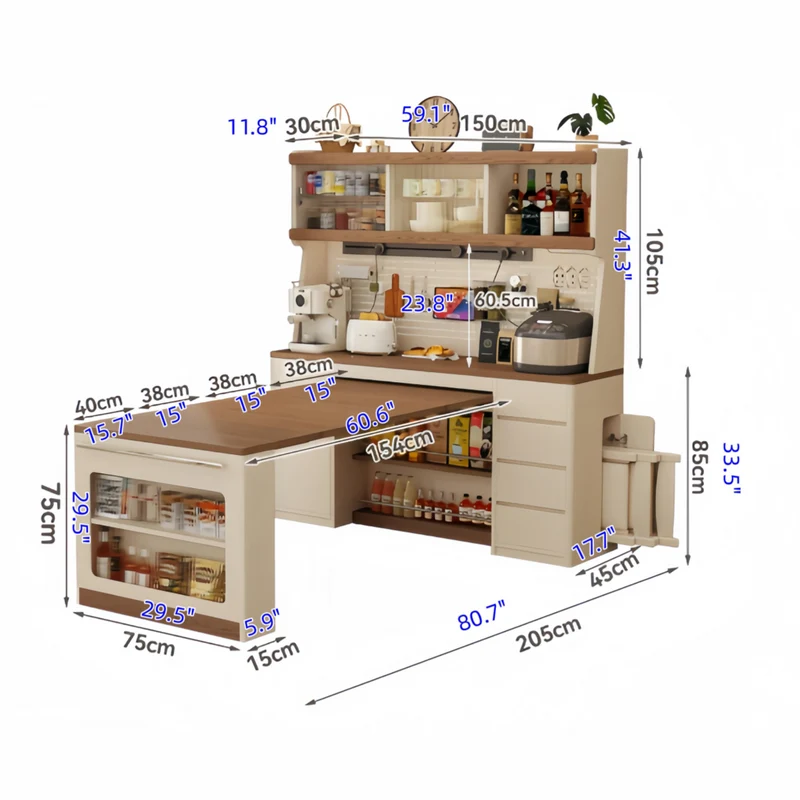 Sideboard-Schrank aus Massivholz mit ausziehbarem Esstisch