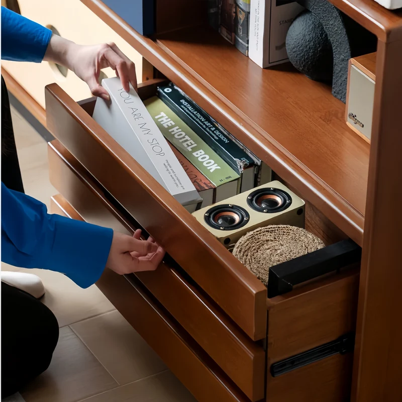 Japandi Medienkonsole aus massivem Buchsbaumholz mit Schiebetür und Schubladen