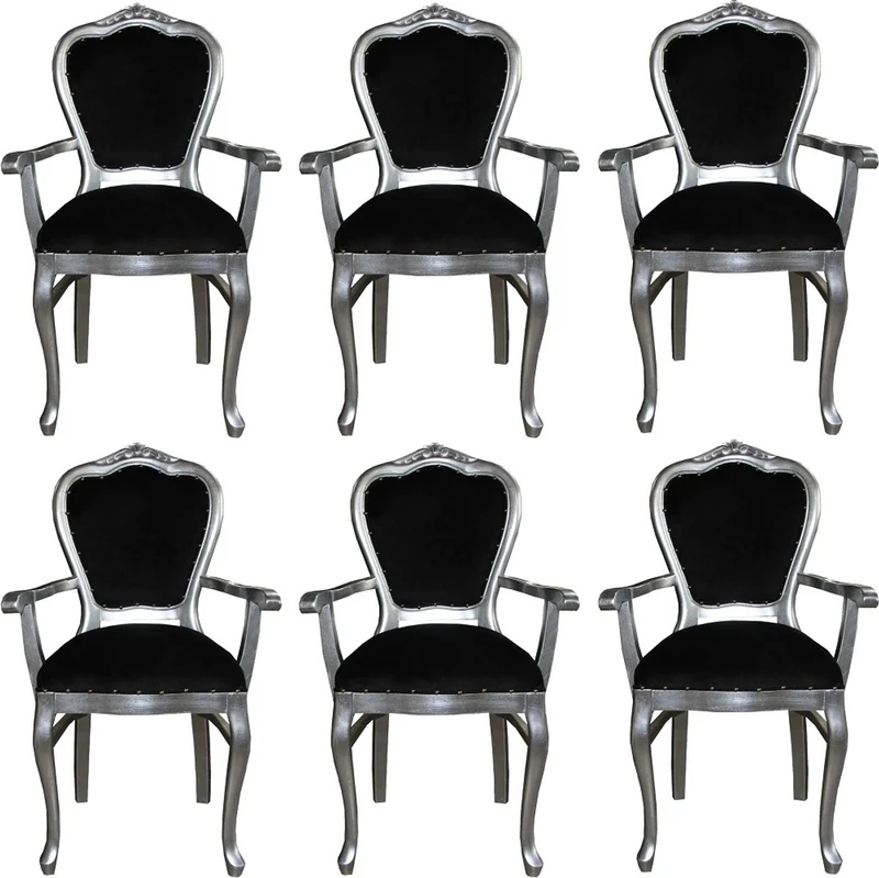 Casa Padrino Luxus Barock Esszimmer Set Schwarz / Silber 60 x 47 x H. 99 cm - 6 handgefertigte Esszimmerstühle mit Armlehnen - Barock Esszimmermöbel