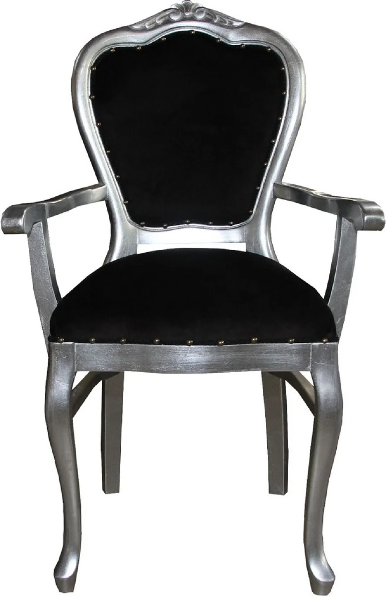 Casa Padrino Luxus Barock Esszimmer Set Schwarz / Silber 60 x 47 x H. 99 cm - 6 handgefertigte Esszimmerstühle mit Armlehnen - Barock Esszimmermöbel