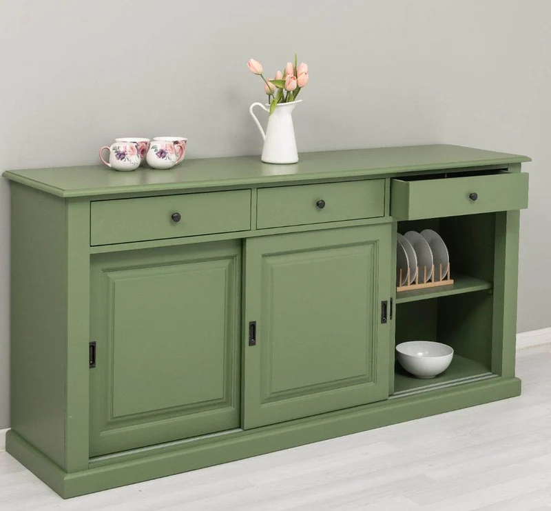 Großes Sideboard aus Massivholz mit 3 Schiebetüren und 3 Schubladen