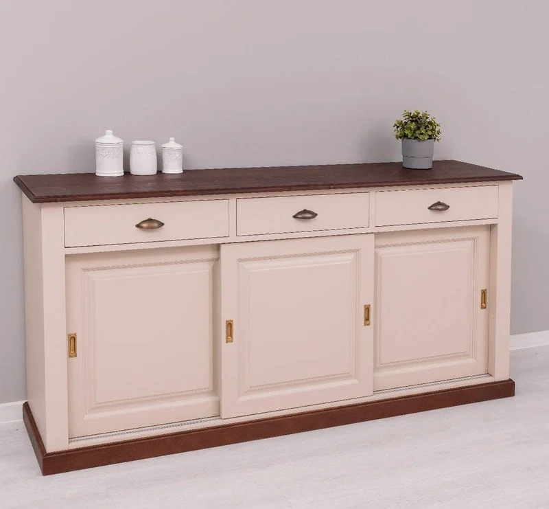 Großes Sideboard aus Massivholz mit 3 Schiebetüren und 3 Schubladen
