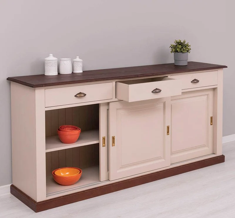Großes Sideboard aus Massivholz mit 3 Schiebetüren und 3 Schubladen