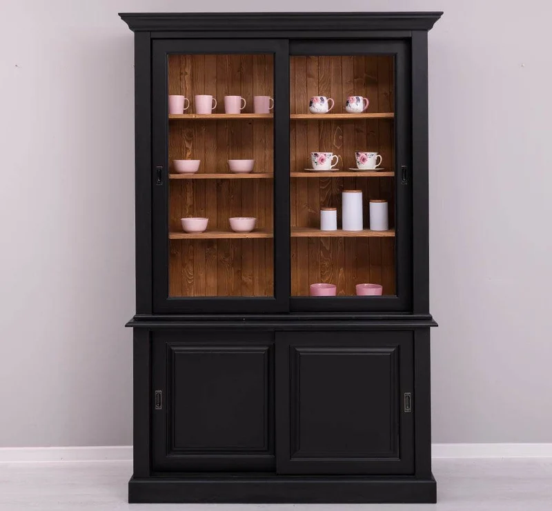 Massivholz- Geschirrschrank mit Schiebetüren und 2 Schubladen | Vitrine