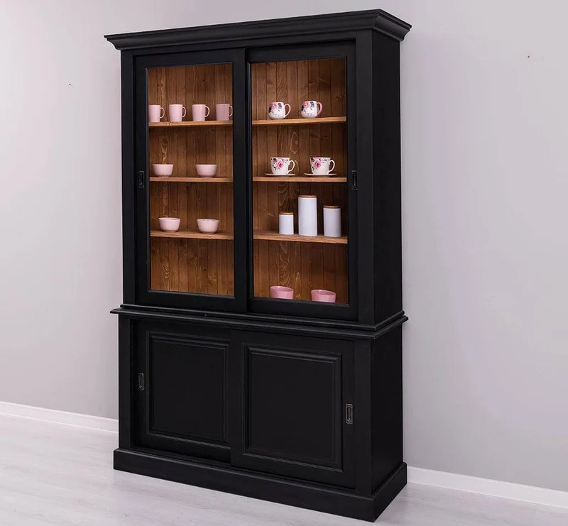 Massivholz- Geschirrschrank mit Schiebetüren und 2 Schubladen | Vitrine