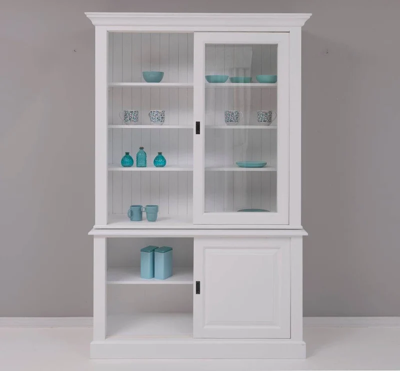 Massivholz- Geschirrschrank mit Schiebetüren und 2 Schubladen | Vitrine