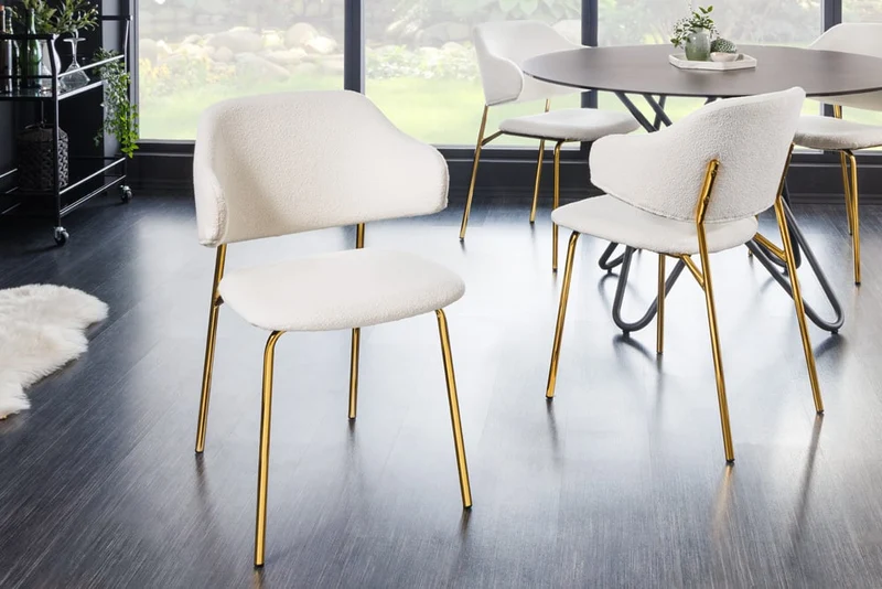 Moderner Stuhl MODA weiss Bouclé goldene Metallbeine