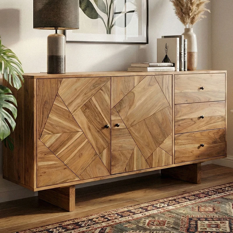Sideboard Akazie Massivholz 150 cm, geometrische Front & Schubladen