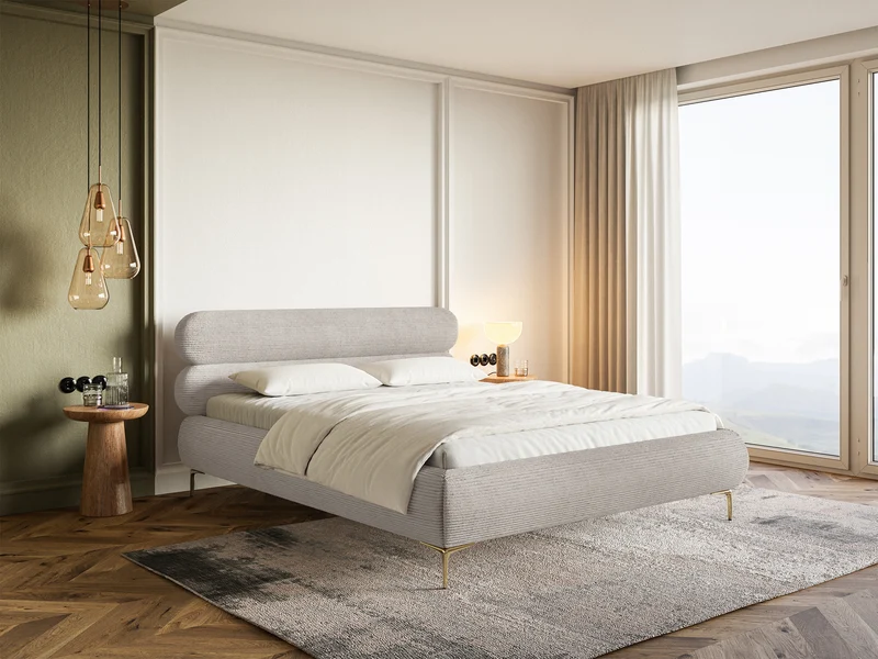 Polsterbett 160x200 cm Roule Cord hellgraubeige Cord mit goldenen Beinen