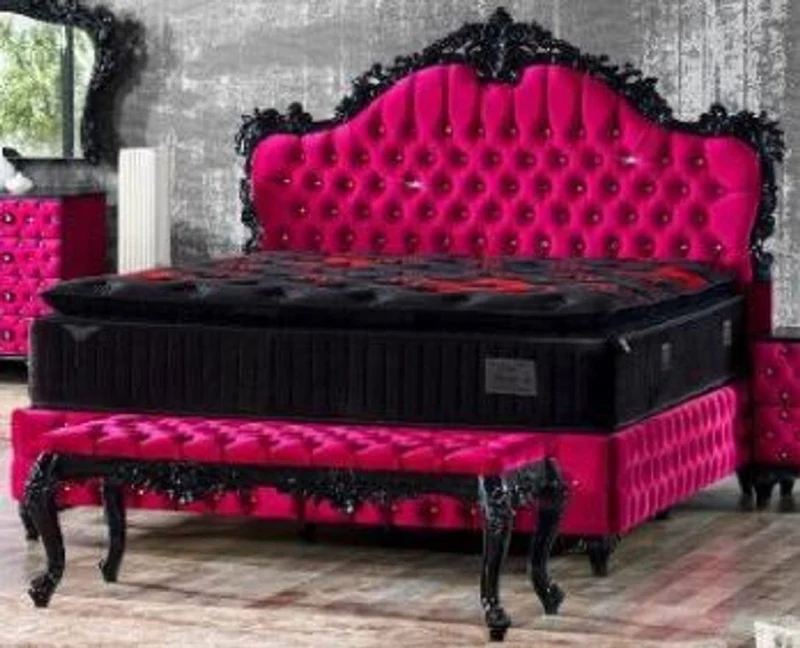 Casa Padrino Barock Sitzbank Pink / Schwarz - Gepolsterte Massivholz Bank mit edlem Samtstoff - Handgefertigte Barock Möbel - Edel & Prunkvoll