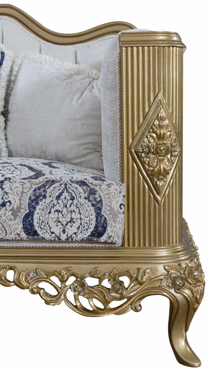 Casa Padrino Luxus Barock Sofa Blau / Weiß / Gold 234 x 93 x H. 124 cm - Wohnzimmer Möbel im Barockstil - Edel & Prunkvoll