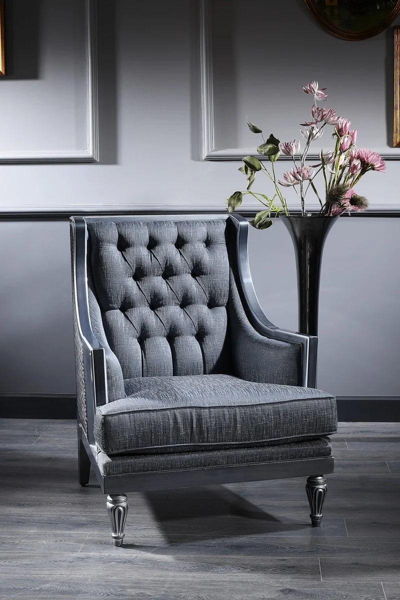 Casa Padrino Luxus Barock Chesterfield Wohnzimmer Sessel Blau / Grau / Silber 77 x 76 x H. 100 cm - Barockmöbel