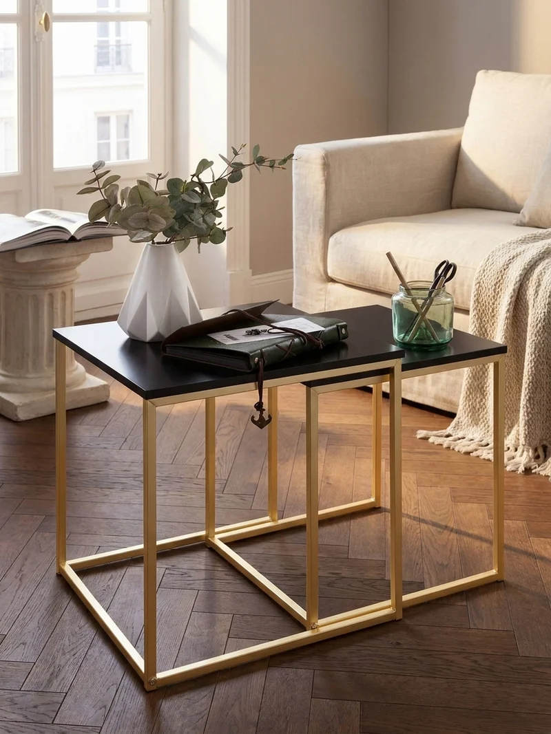 Couchtisch 2er Set Metallgestell Glas MDF-Platte