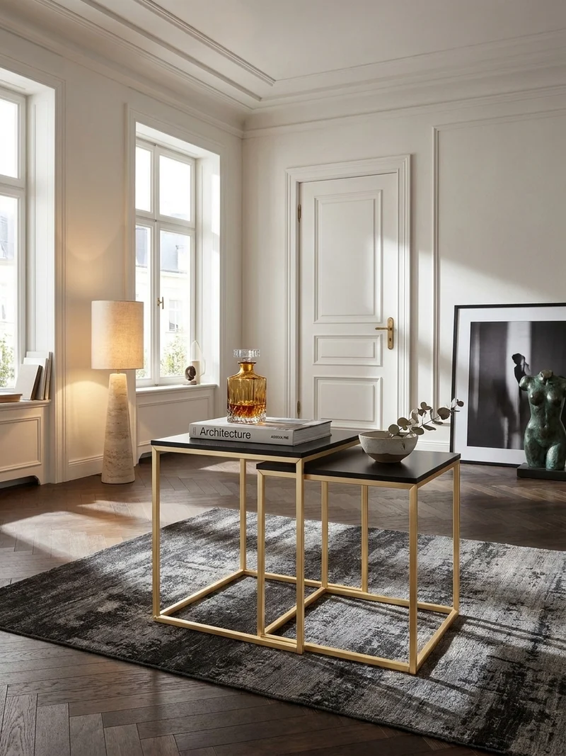 Couchtisch 2er Set Metallgestell Glas MDF-Platte