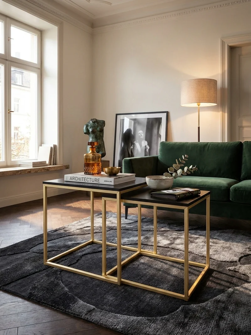 Couchtisch 2er Set Metallgestell Glas MDF-Platte