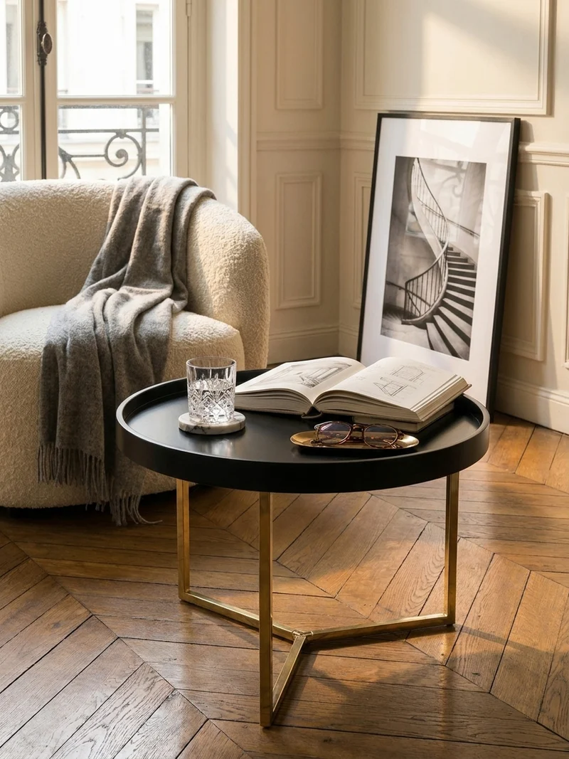 Sofatisch Rund mit Metallgestell, Retro Stil, abnehmbares Tablett und Anti-Rutsch-Noppen