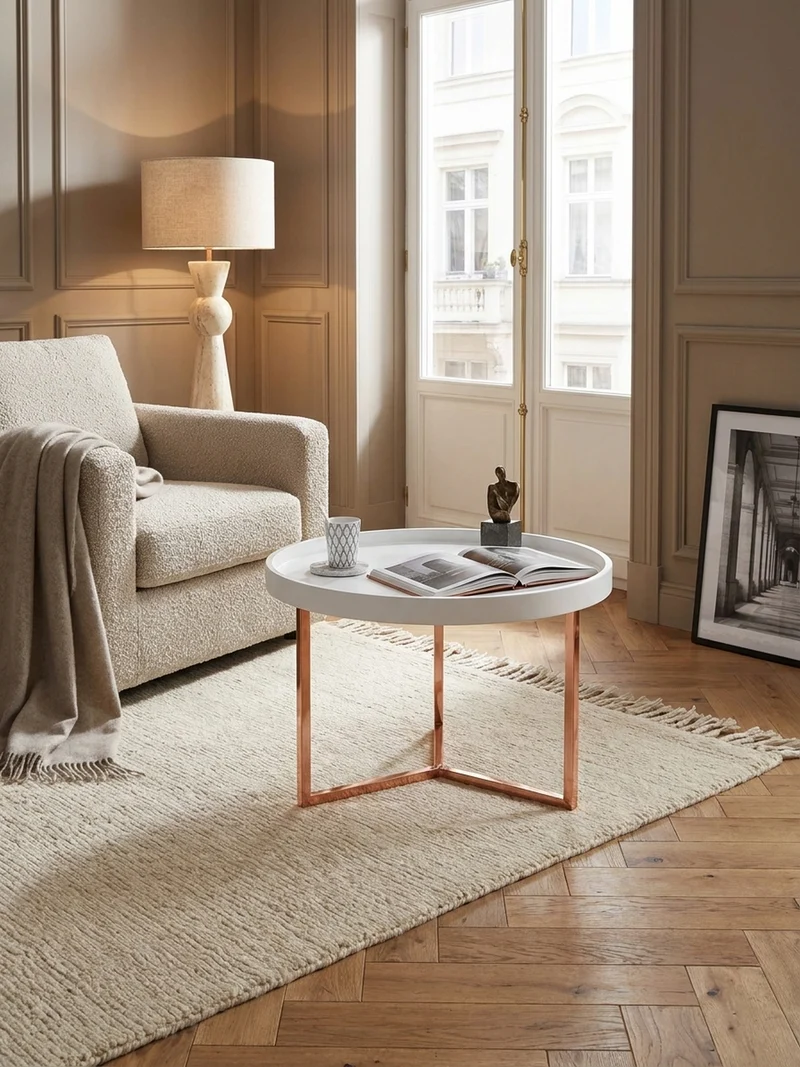 Sofatisch Rund mit Metallgestell, Retro Stil, abnehmbares Tablett und Anti-Rutsch-Noppen