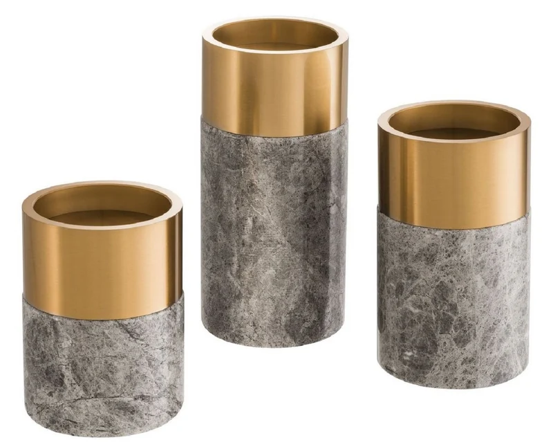 Casa Padrino Luxus Kerzenhalter Set Grau / Messing - 3 runde Marmor Kerzenhalter - Luxus Qualität - Deko Accessoires