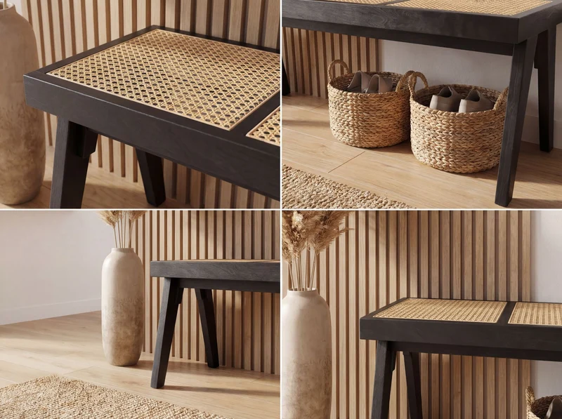 Sitzbank Akazie Massivholz 120 cm Schwarz mit Wiener Geflecht