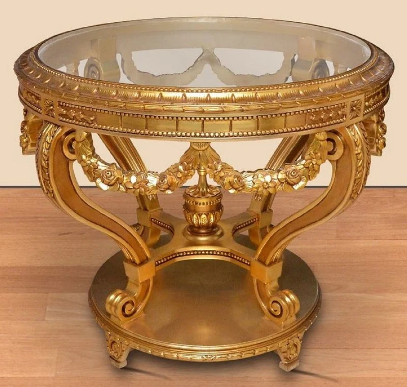 Casa Padrino Barock Konferenztisch Gold - Runder Massivholz Büro Tisch mit Glasplatte - Barock Büro Möbel - Edel & Prunkvoll