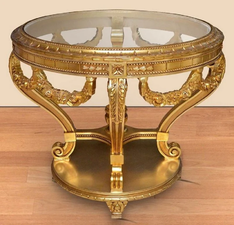 Casa Padrino Barock Konferenztisch Gold - Runder Massivholz Büro Tisch mit Glasplatte - Barock Büro Möbel - Edel & Prunkvoll